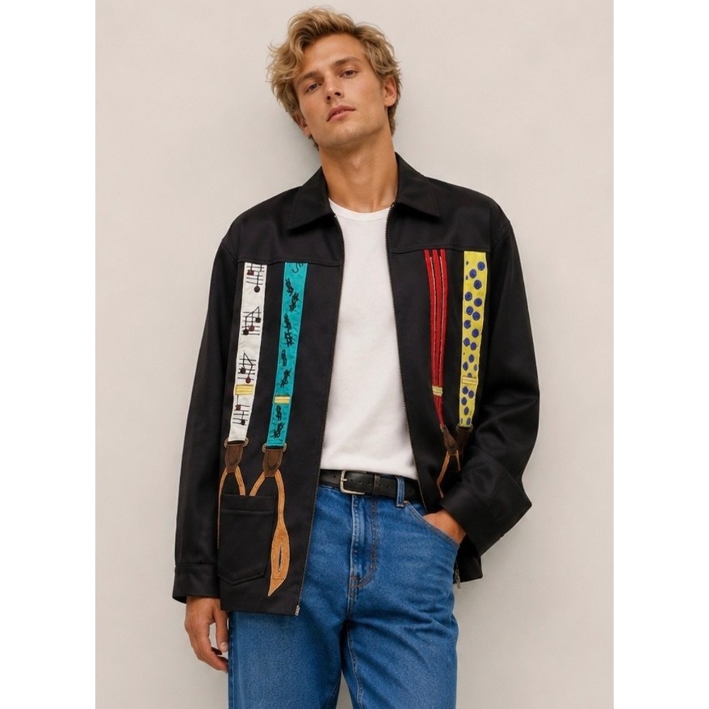Vintage Cedars Black Cotton Novelty Suspender Applique Zip Up Jacket Mens Medium